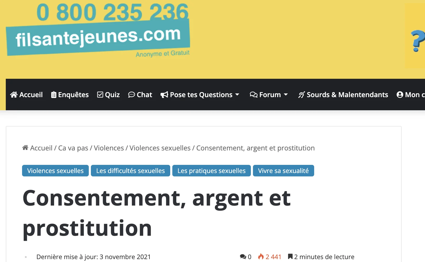 Site Fil Santé Jeunes - rubrique Prostitution des mineurs