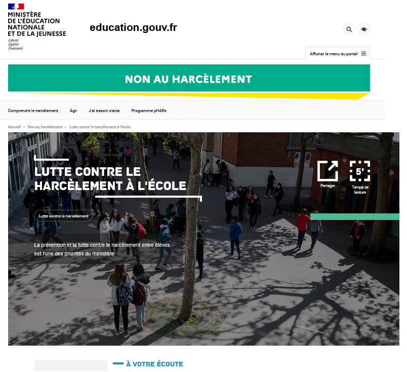 site de l’Éducation nationale PHARE harcèlement scolaire