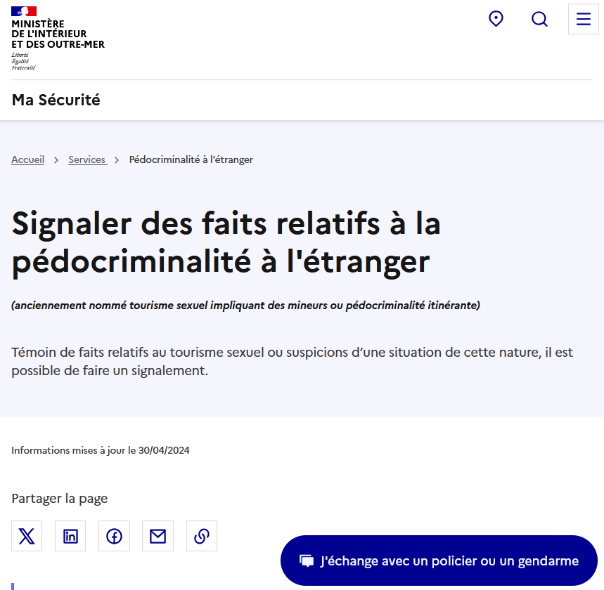 signaler des faits relatifs à la pédocriminalité à l'étranger se fait via le formulaire du site du Ministère