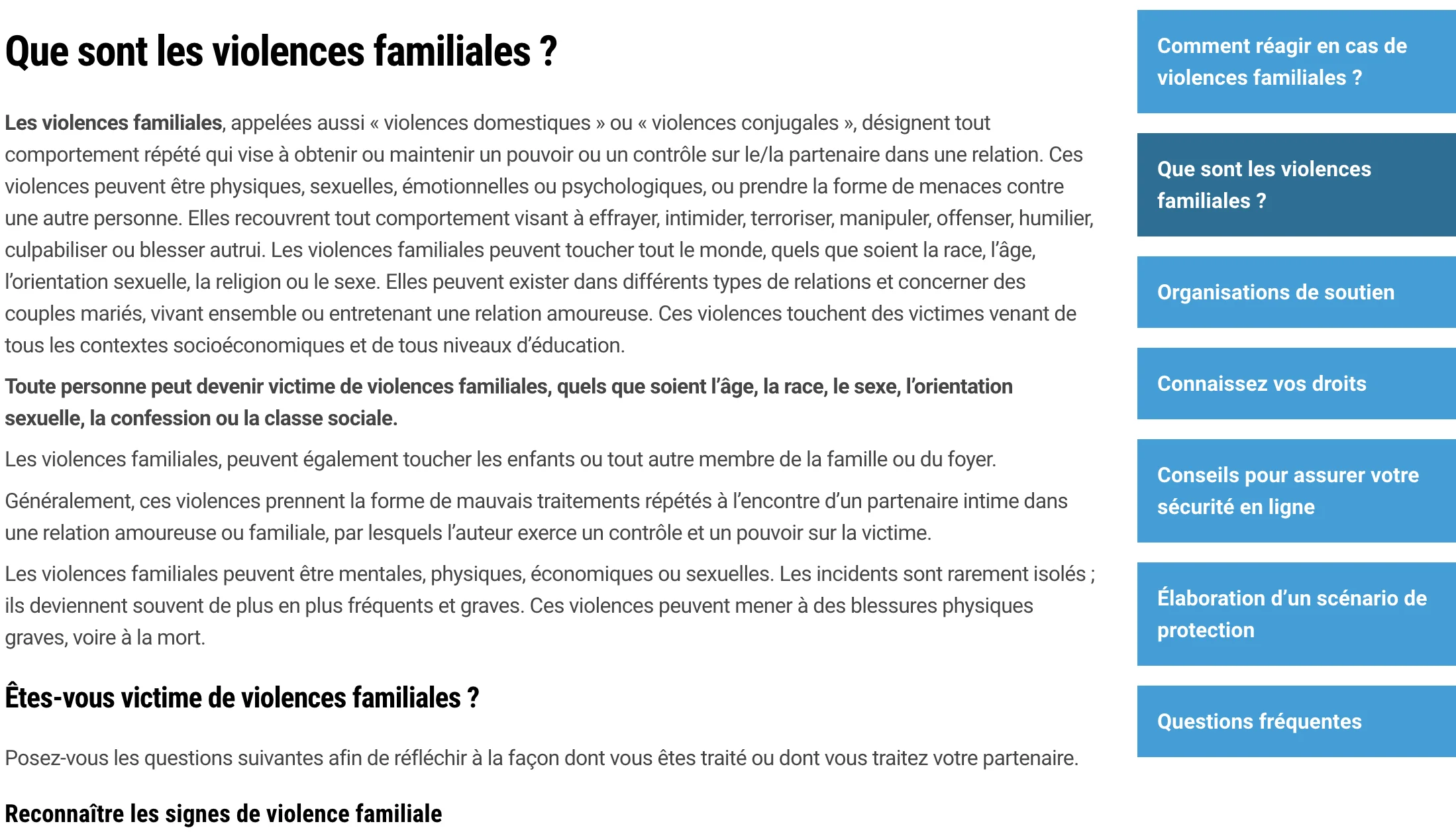 Page du site des Nations Unies sur les violences familiales