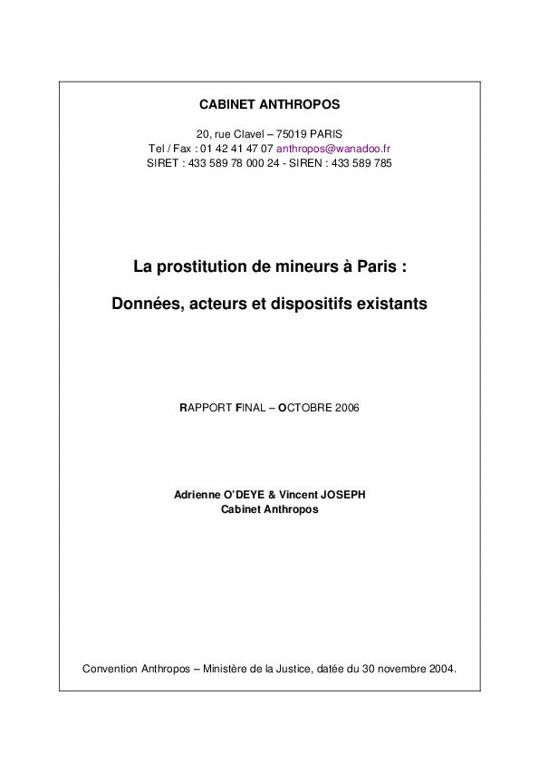 La prostitution de mineurs à Paris : Données, acteurs et dispositifs existants