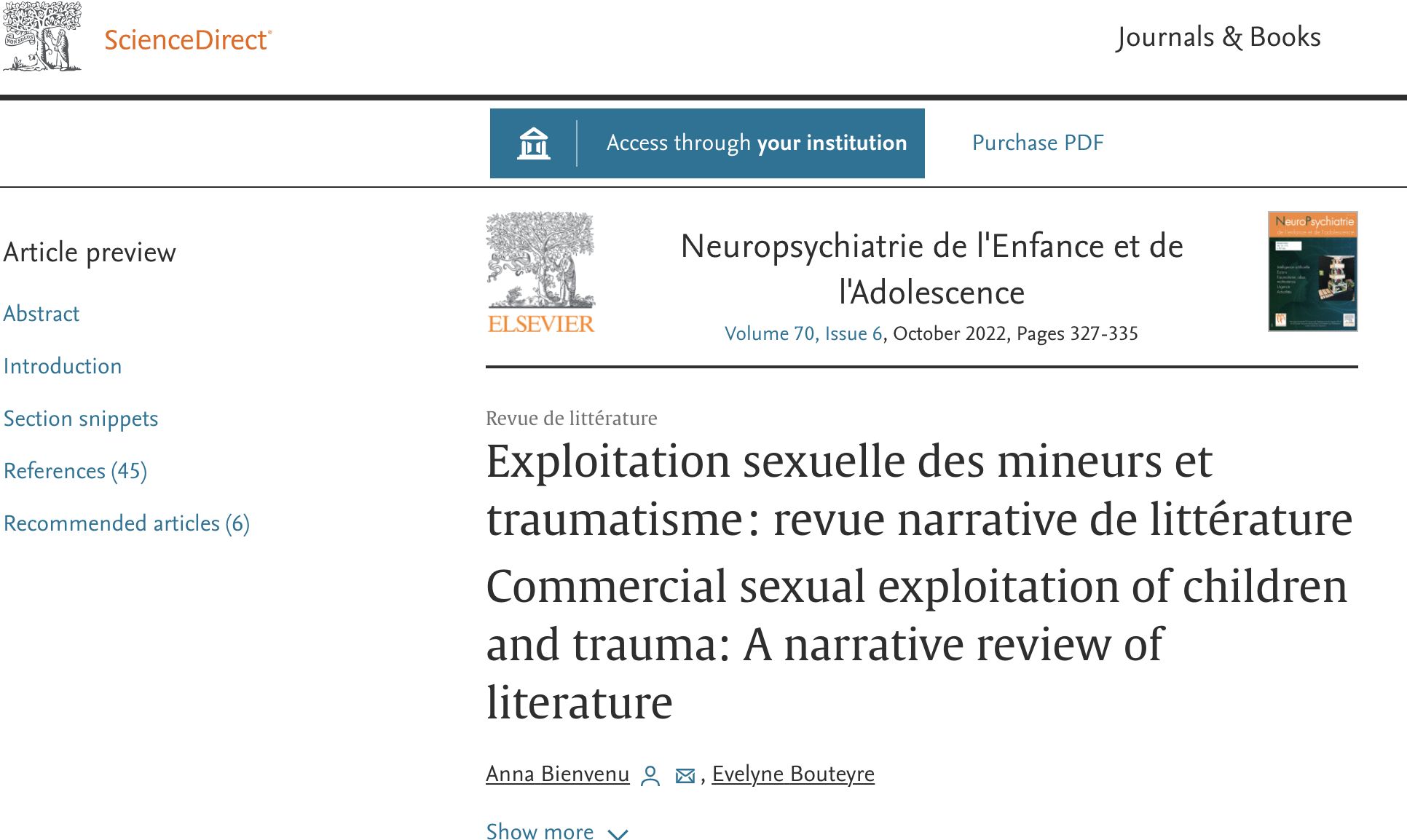 article titré 'Exploitation sexuelle des mineurs et traumatisme'