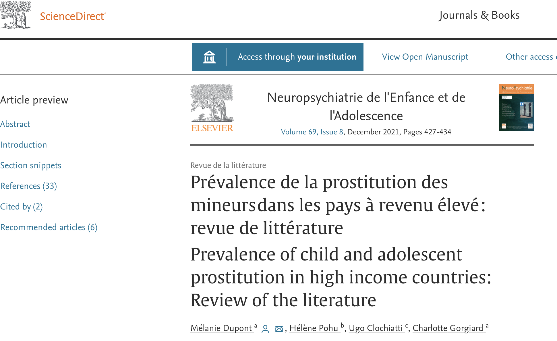 article titré 'Prévalence de la prostitution des mineurs dans les pays à revenu élevé' 