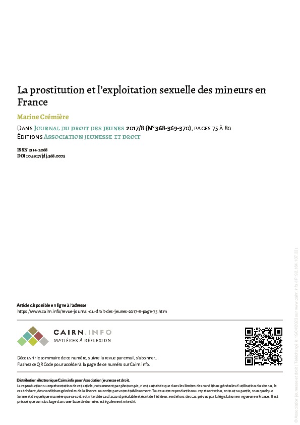 Article intitulé 'La prostitution et l’exploitation sexuelle des mineurs en France' de Marine Crémière