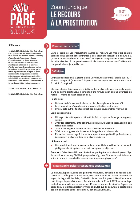 Infraction de recours à la prostitution d'un mineur